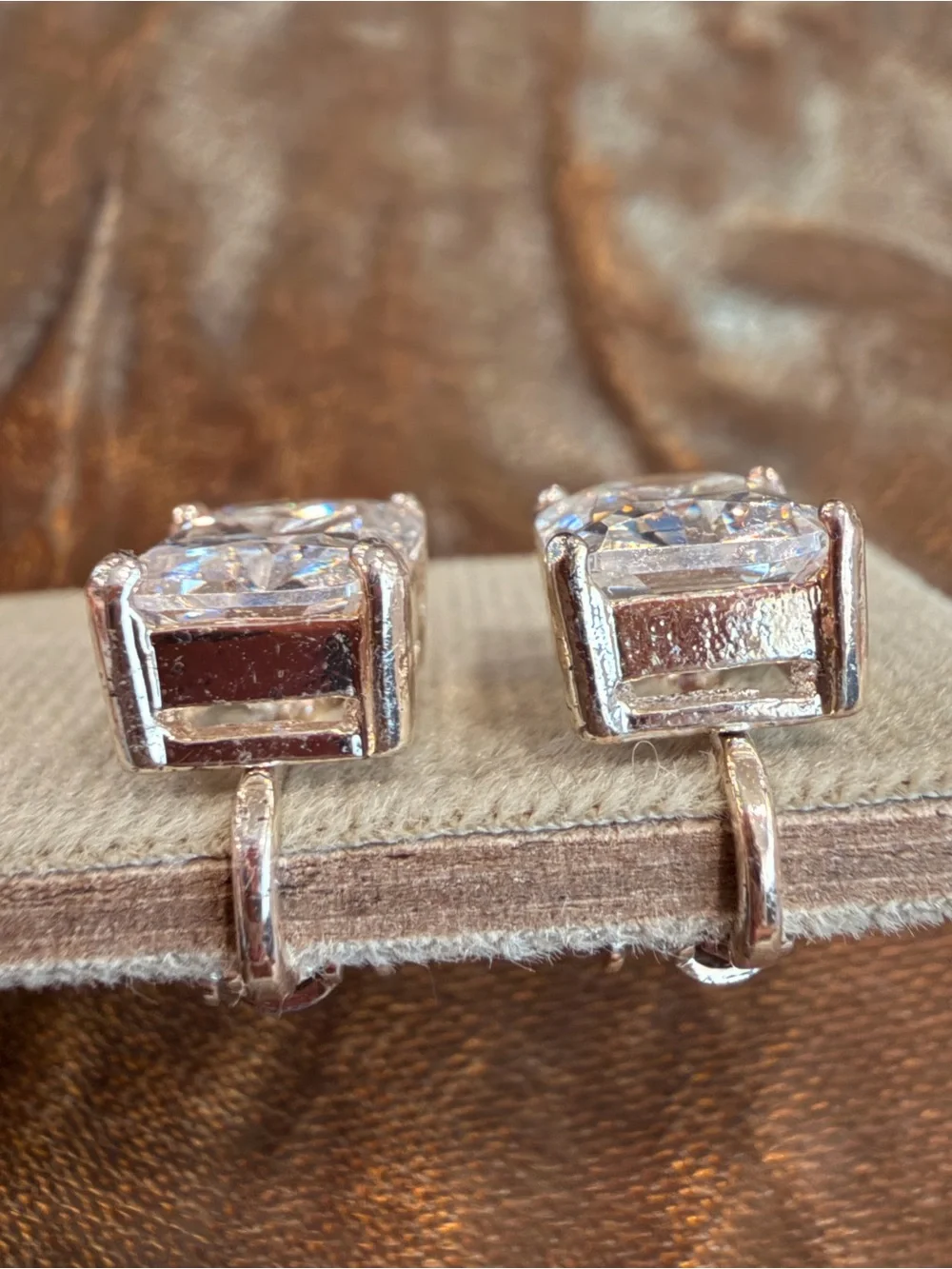 Vintage Clear Crystal Square Drop Clip On Earrings Silver Tone-1068